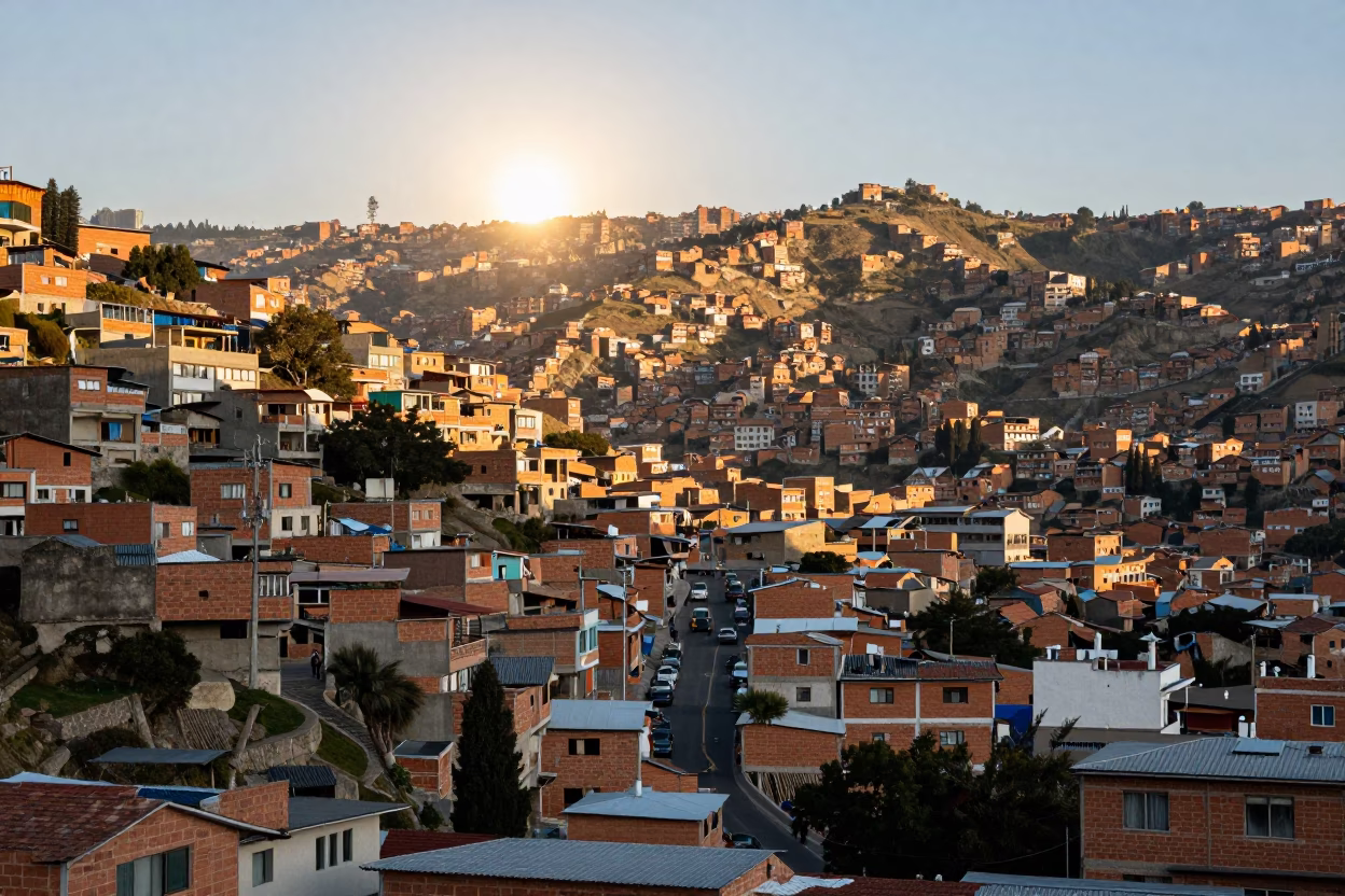 Early Afternoon La Paz Bolivia Mountain Cityscape and Urban Street Life 1980s in in La Paz, Bolivia