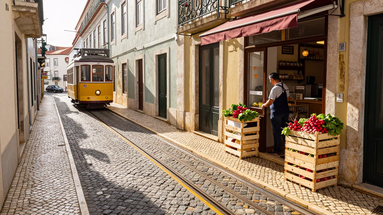 Early Afternoon Lisbon Street Scene with Recipe Tin and Radishes in in Lisbon, Portugal