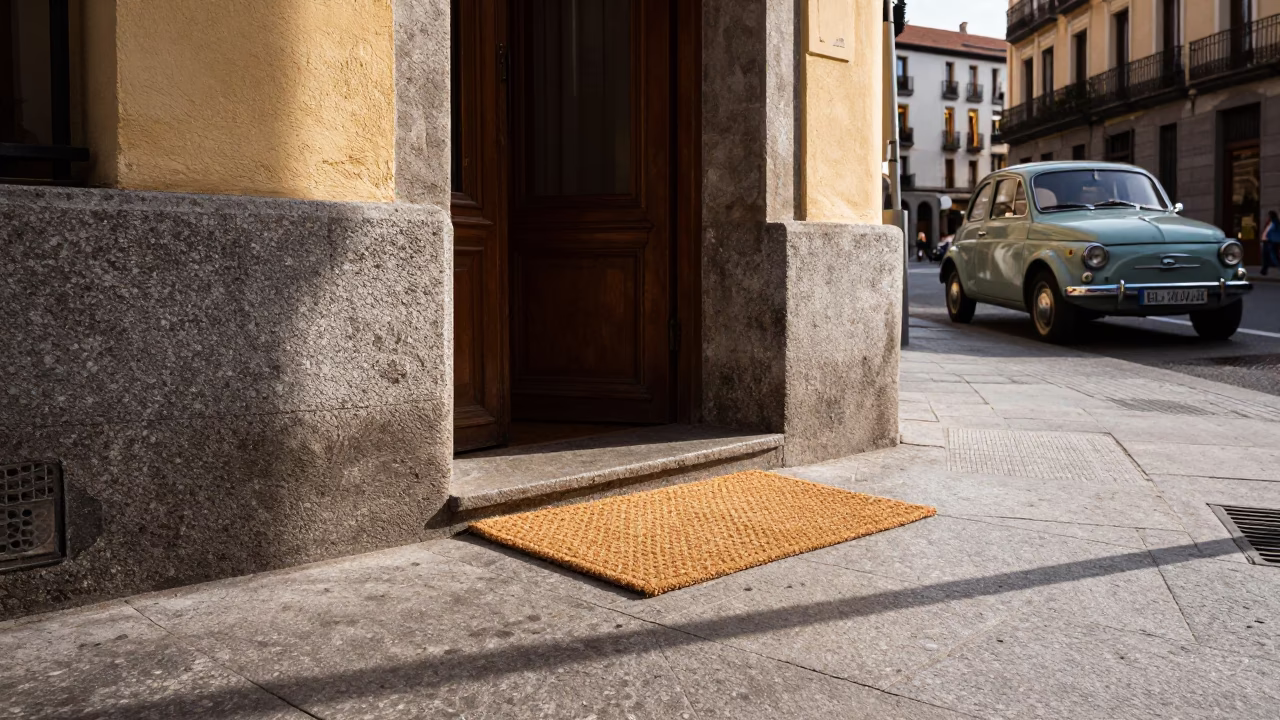 Early Afternoon Madrid Spain Street Scene with Vintage Car and Doormat in in Madrid, Spain