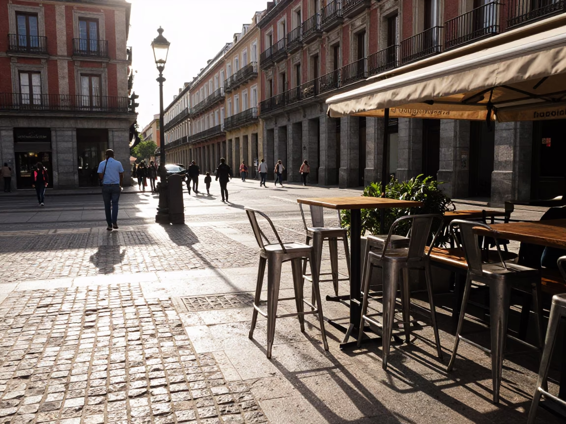 Early Afternoon Madrid Street Scene with Bar Stools and Nectarines in Plaza in in Madrid, Spain