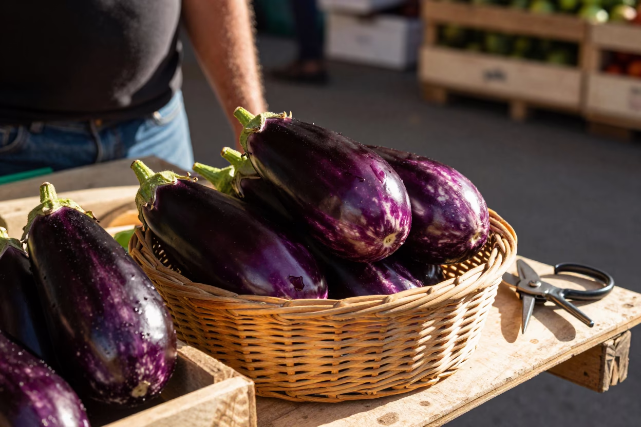 Early Afternoon Market Scene in Florence Italy with Eggplants and Pruning Shears in in Florence, Italy