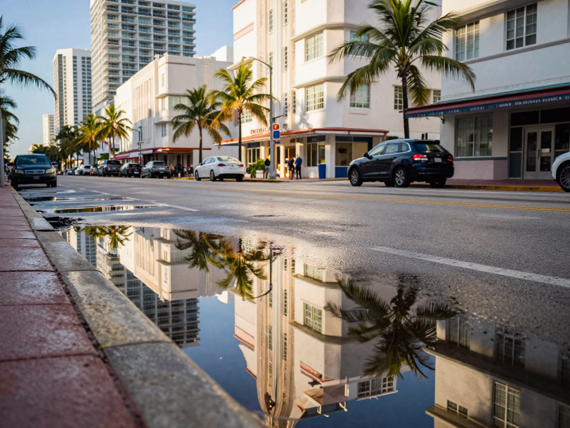 Early Afternoon Miami Street Scene with Puddle Reflection of Hotel Windows and Tail Lights in in Miami, Florida, United States