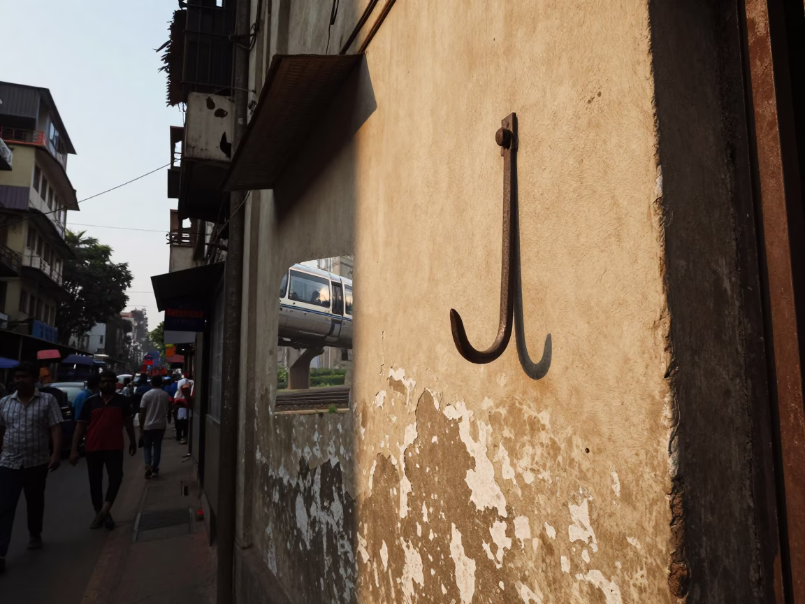 Early Afternoon Mumbai Street Scene with Monorail Reflection and Wall Hook in in Mumbai, India