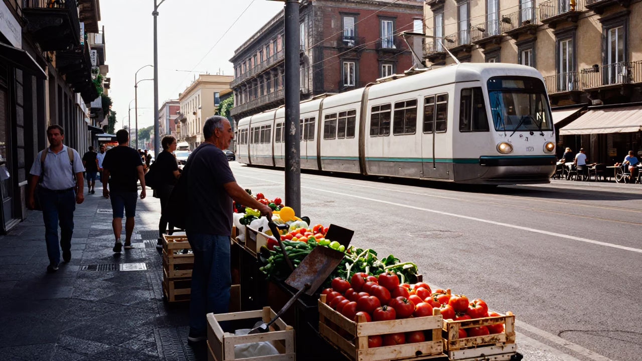 Early Afternoon Naples Street Scene with Monorail and Local Market Activity in in Naples, Italy