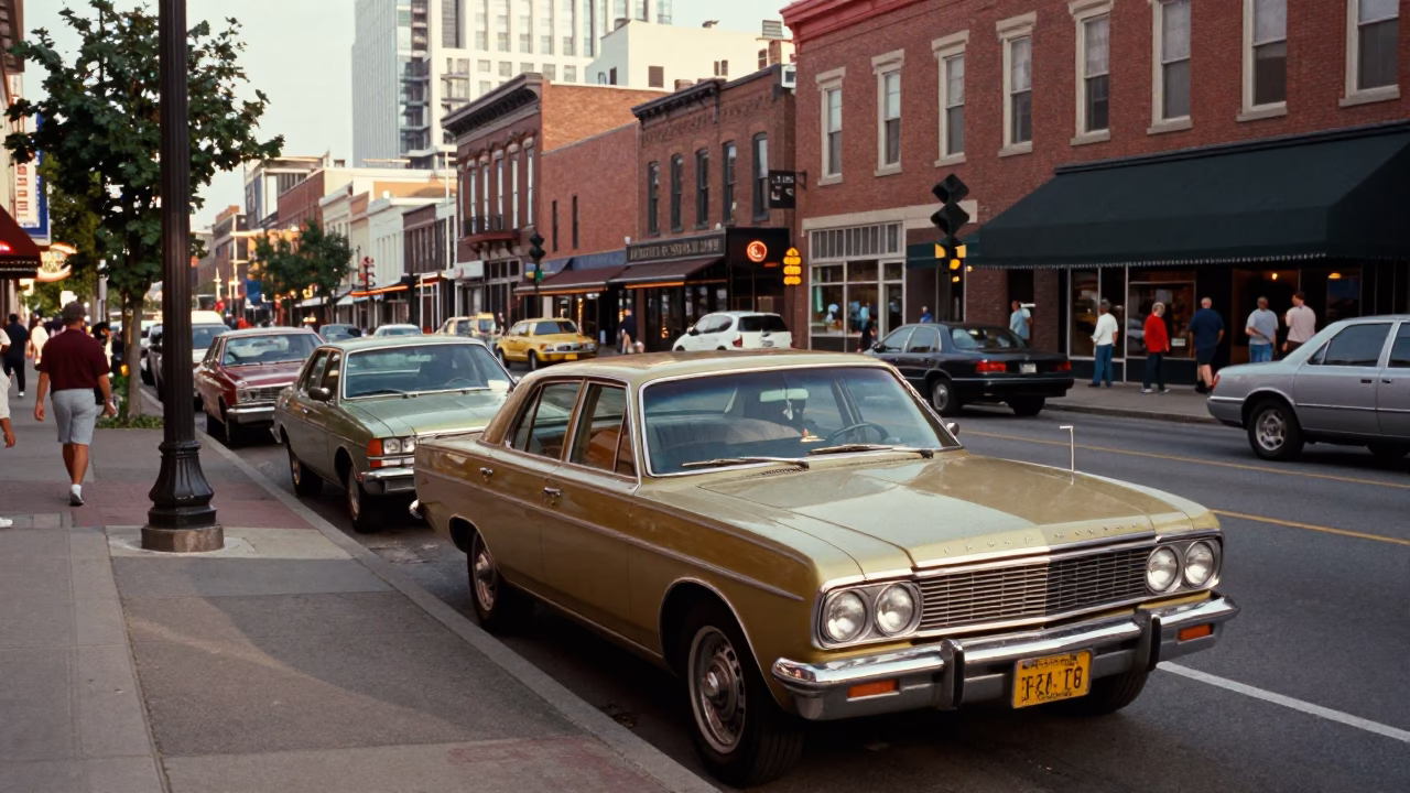 Early Afternoon Nashville Tennessee Street Scene with Vintage 1970s Aesthetic in in Nashville, Tennessee, United States