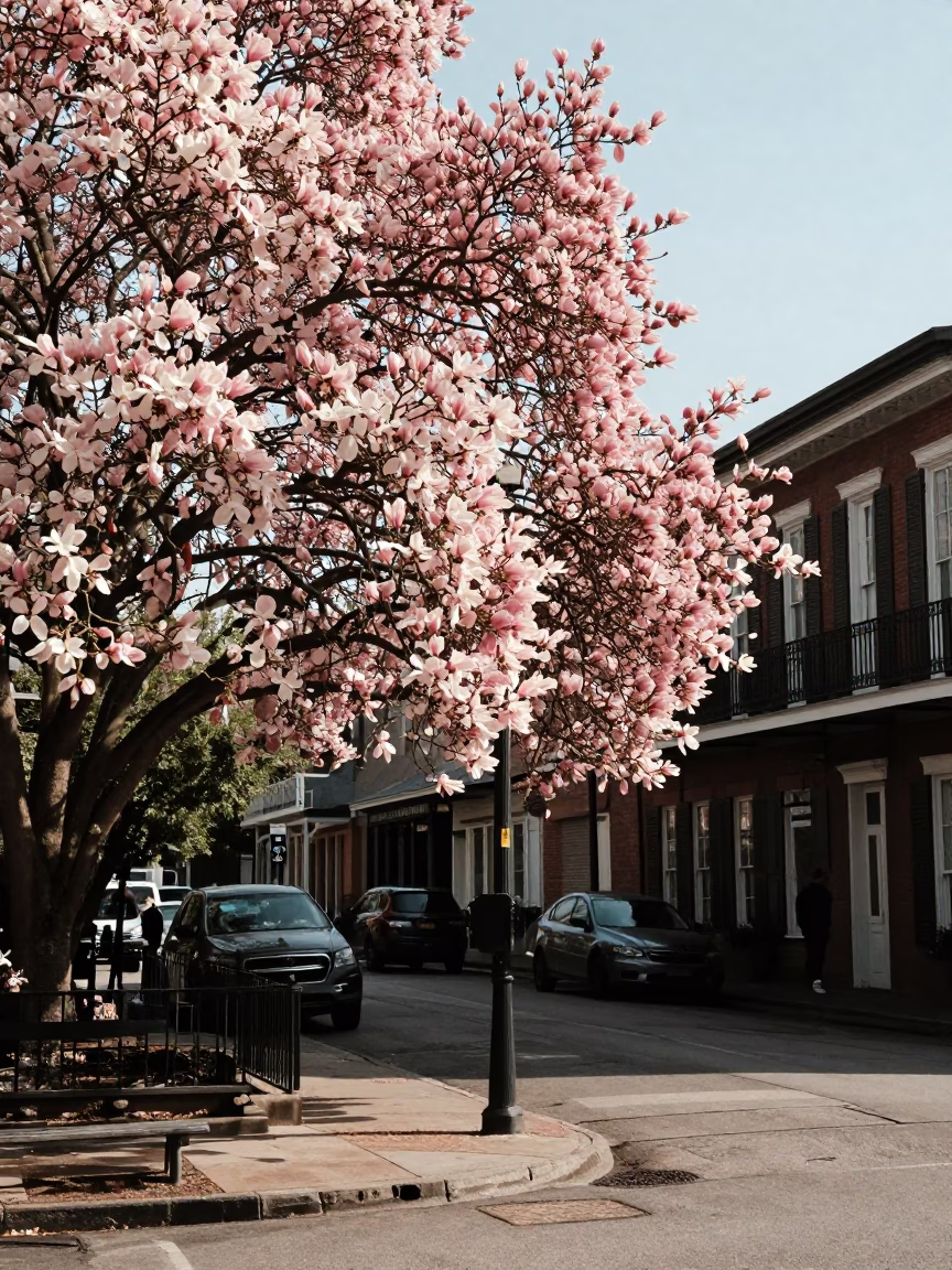 Early Afternoon New Orleans Street Scene with Magnolia Tree and Vintage Pocket Watch in in New Orleans, Louisiana, United States