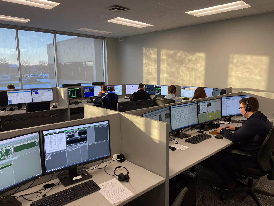 Early Afternoon Operations Center with Live Dashboards in at an analyst pod facing live dashboards in Barrie