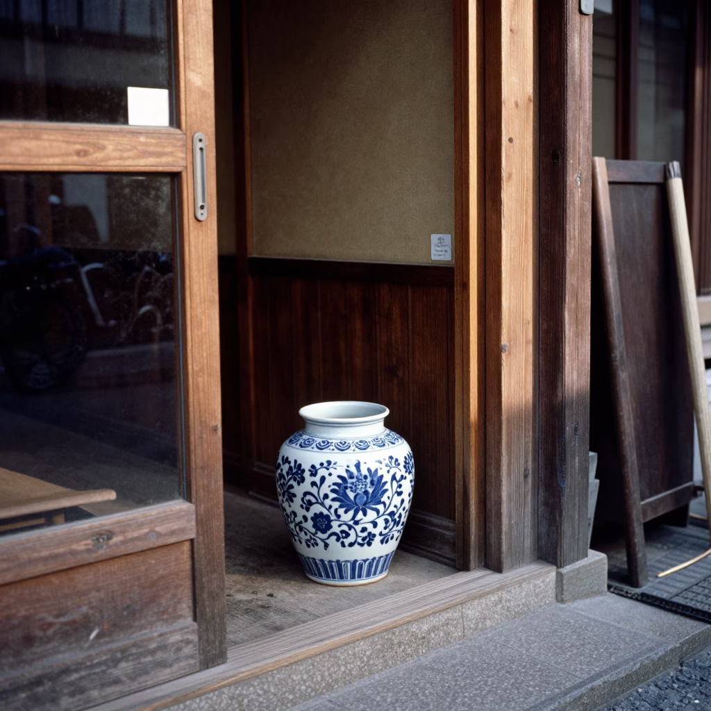 Early Afternoon Osaka Street Scene with Blue Porcelain Jar and Ginkgo Leaves in in Osaka, Japan