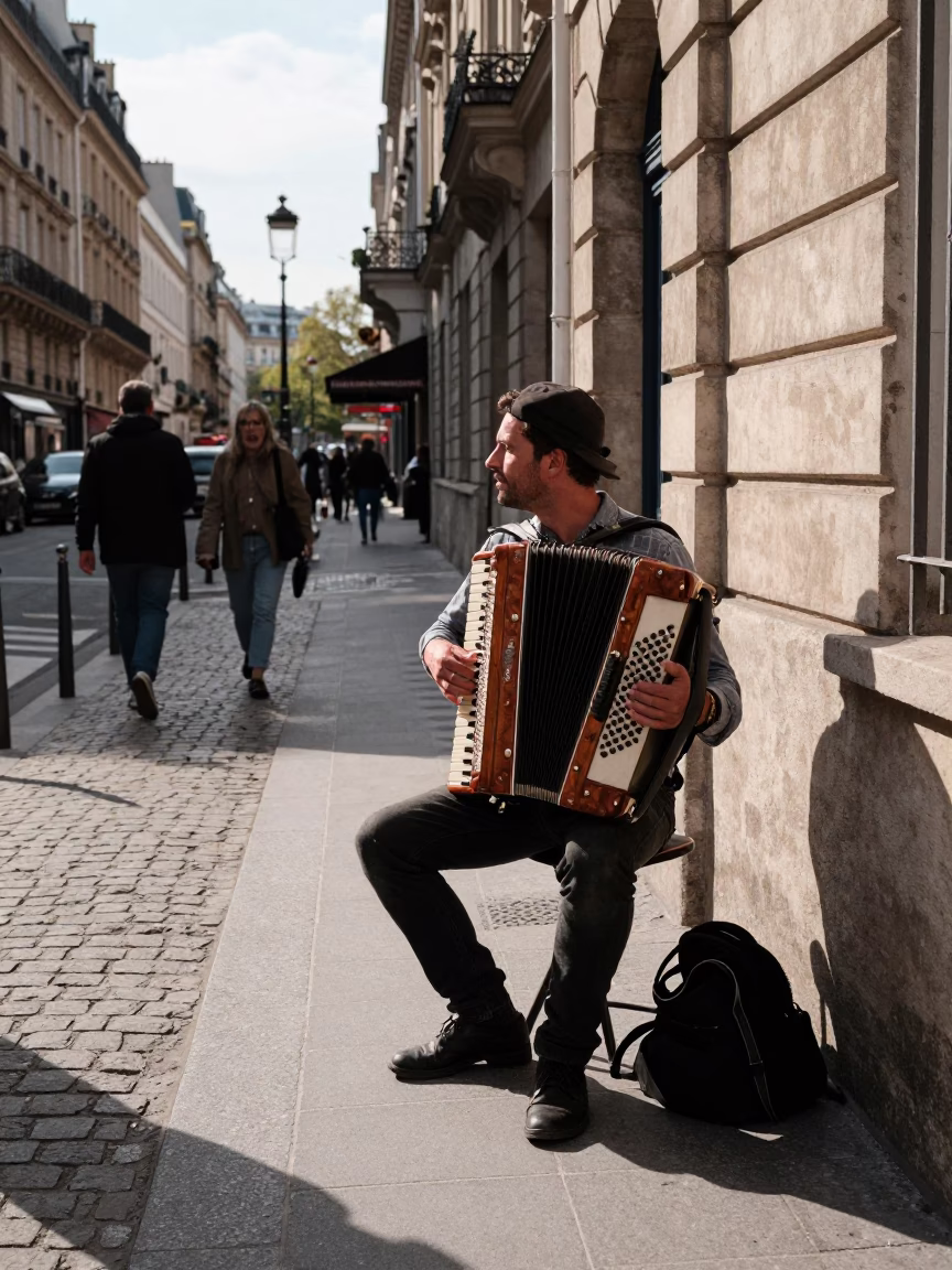 Early Afternoon Paris Street Scene with Accordion Player and Deadbolt Detail in in Paris, France