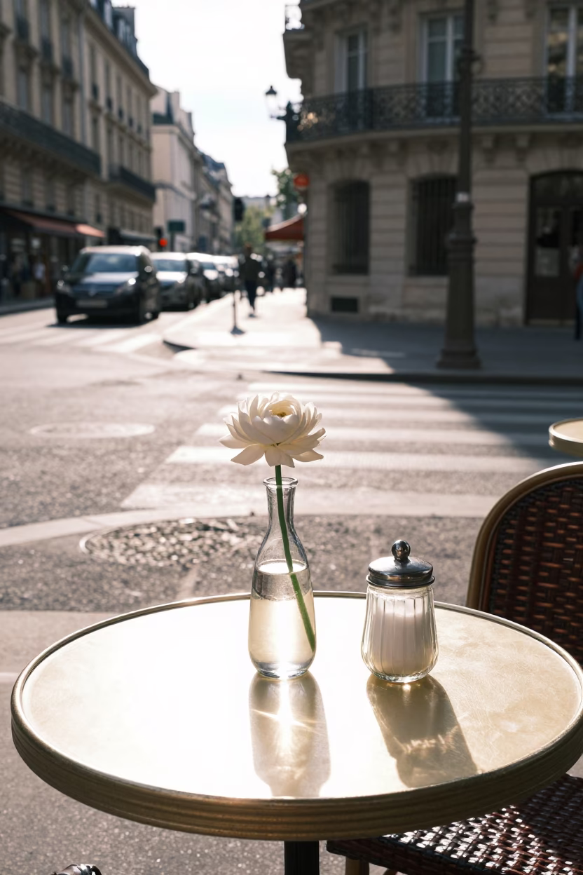 Early Afternoon Paris Street Scene with Glass Vase and Sugar Jar on Cafe Table in in Paris, France