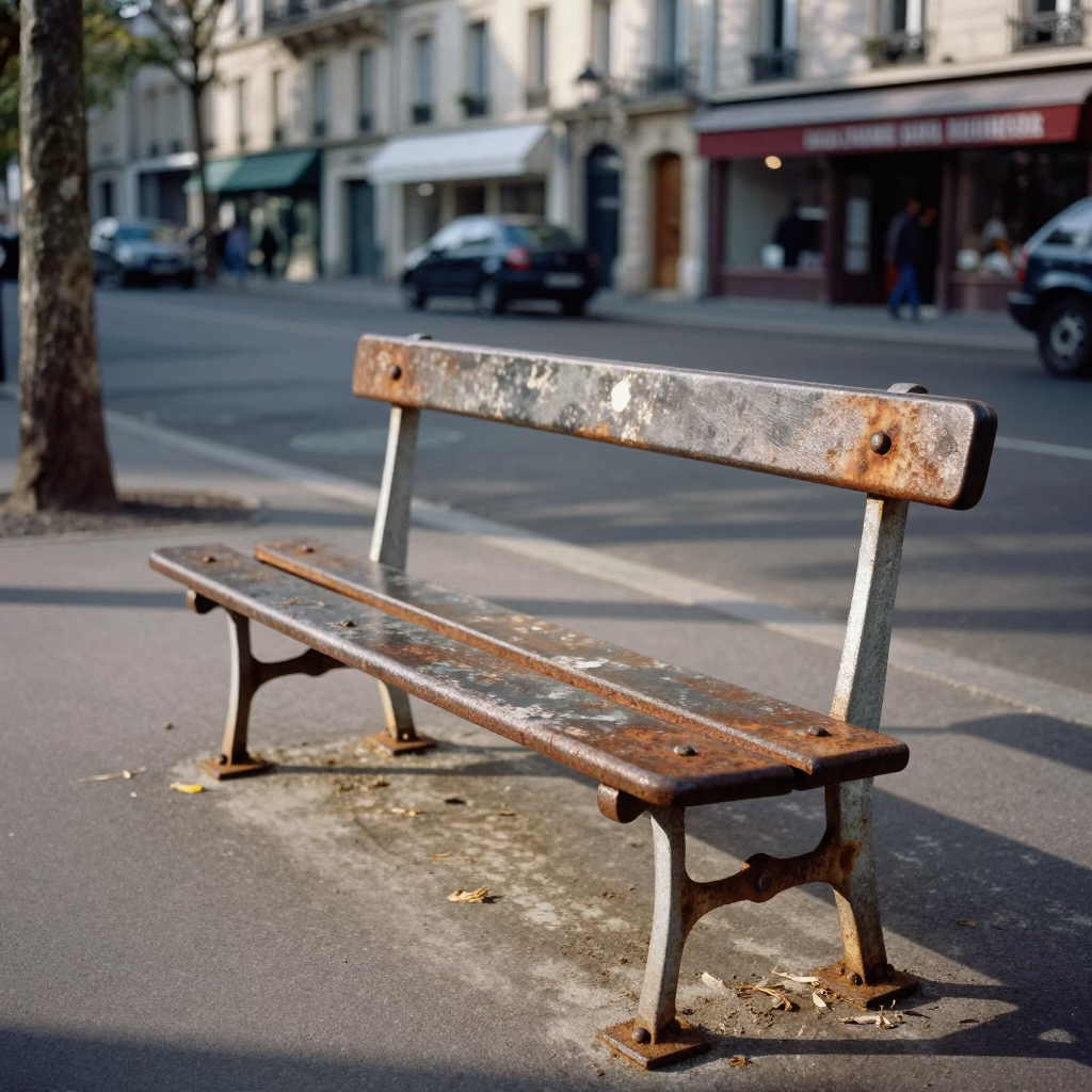 Early Afternoon Paris Street Scene with Rusty Bench and Urban Details in in Paris, France