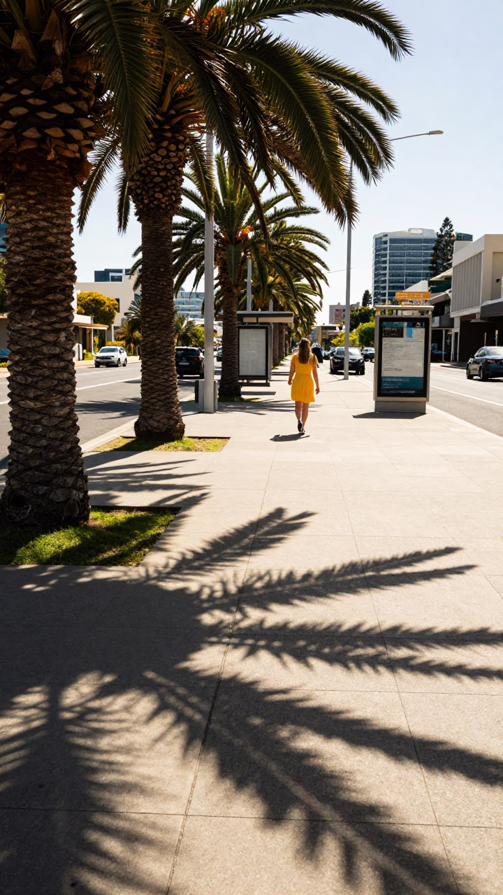 Early Afternoon Perth Street Scene with Palm Shadows and Urban Greenery in Western Australia in in Perth, Western Australia, Australia