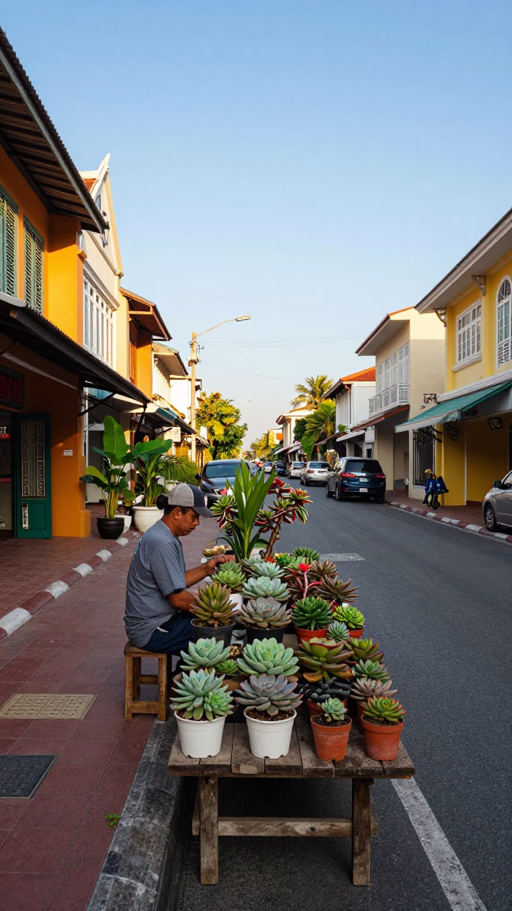 Early Afternoon Phuket Thailand Street Scene with Potted Succulents and Local Life in in Phuket, Thailand