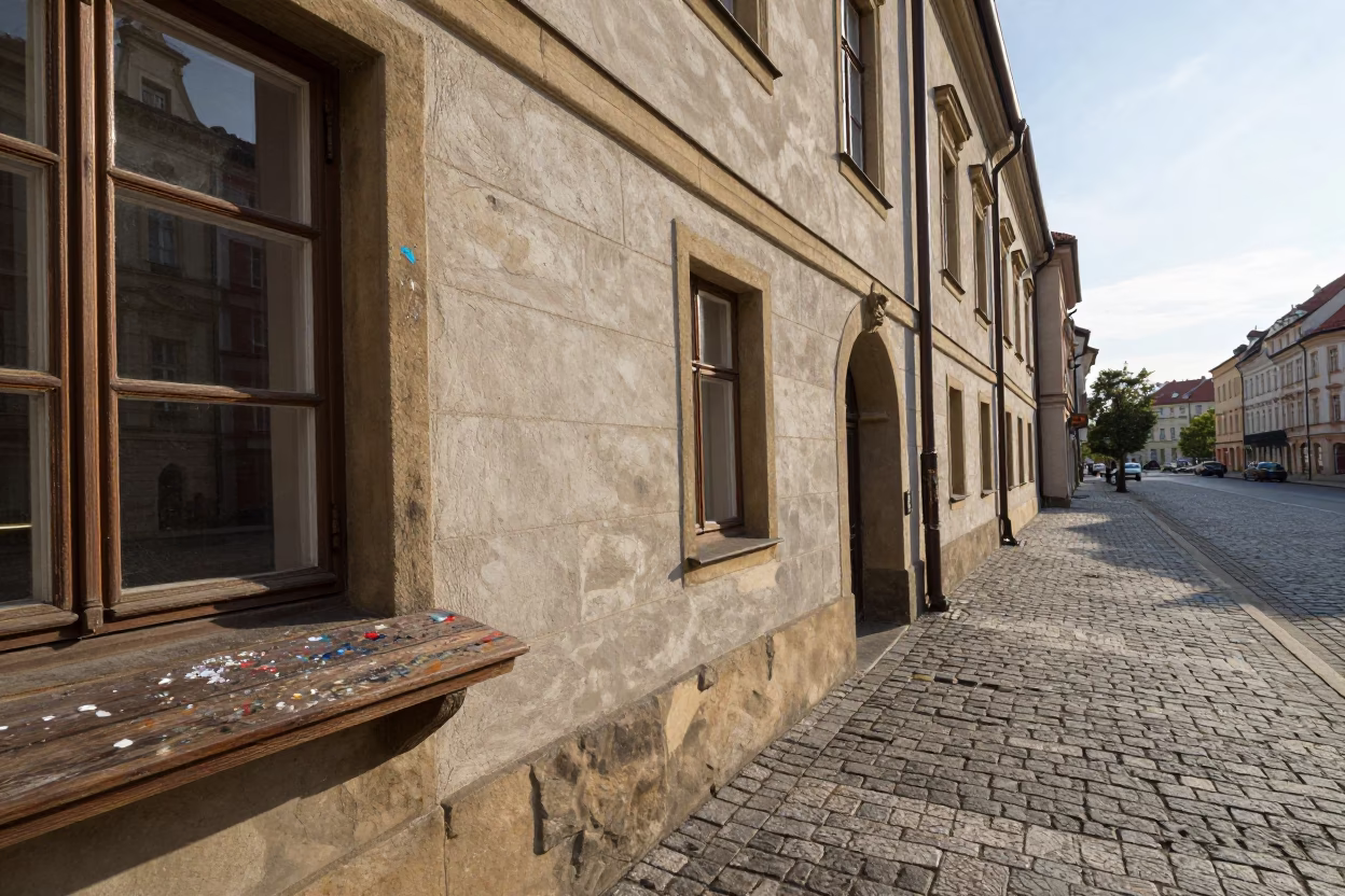 Early Afternoon Prague Street Scene with Paint Flecks and Coffee Tin on Windowsill in in Prague, Czech Republic