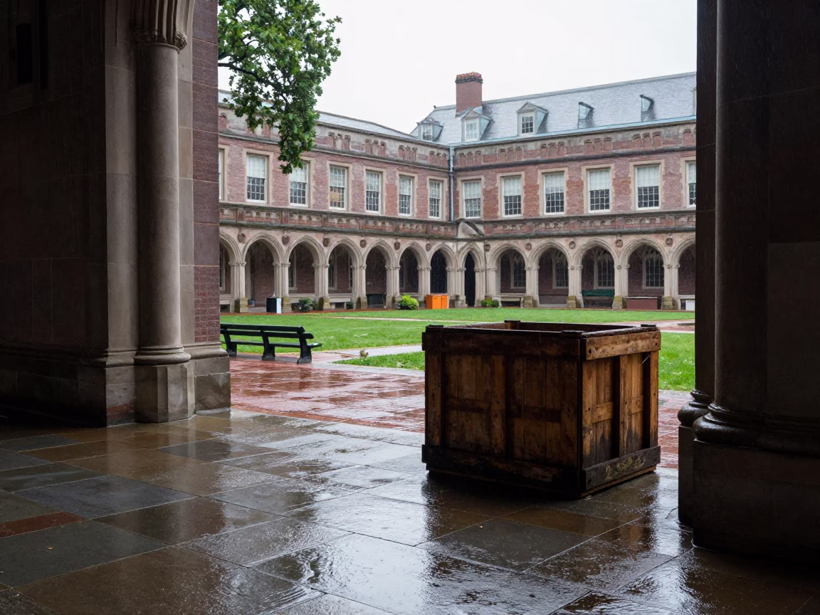 Early Afternoon Rain Scene on Boston University Cloister Wet Flagstones with Crate and Maps in in Boston, Massachusetts, United States