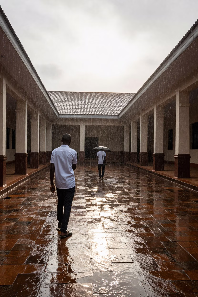 Early Afternoon Rain Washed University Cloister in Dakar Senegal with Wet Flagstones in in Dakar, Senegal