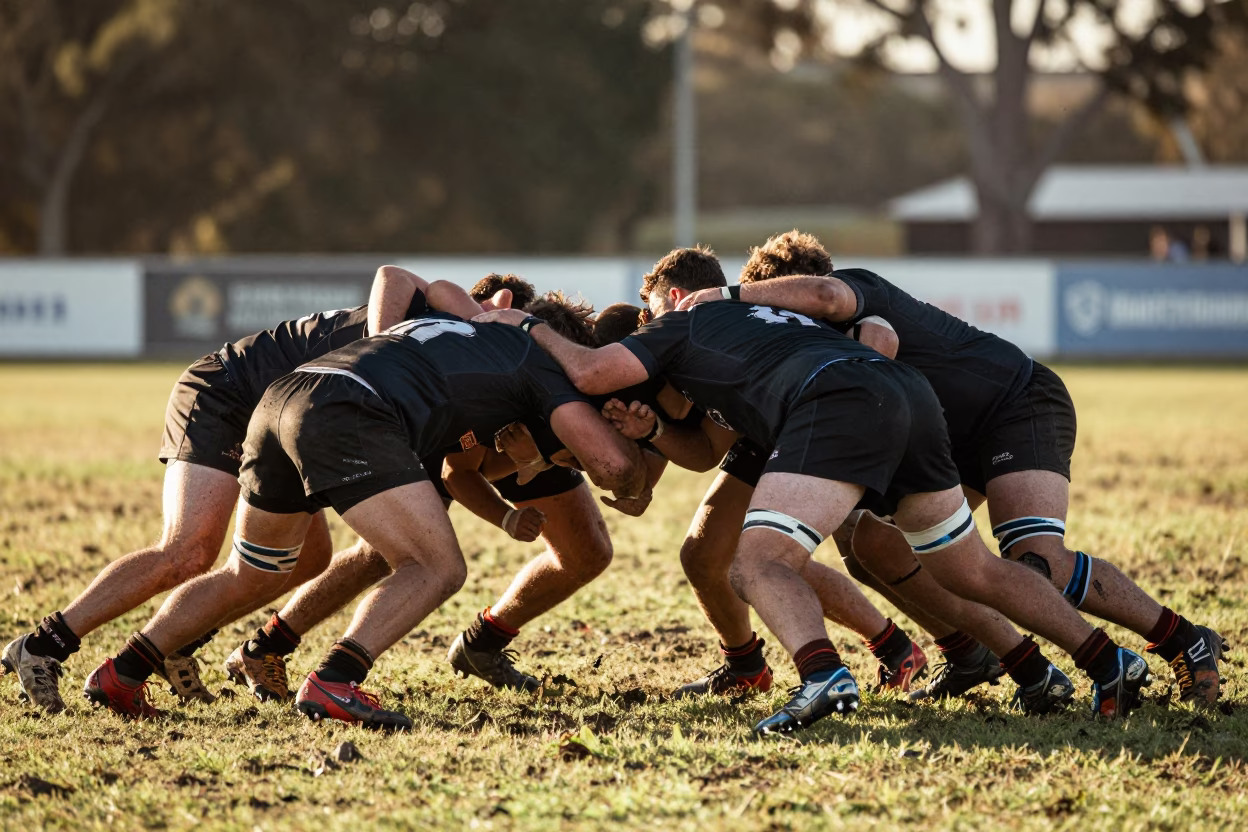 Early Afternoon Rugby Scrum on Muddy Pitch in Perth Western Australia in in Perth, Western Australia, Australia