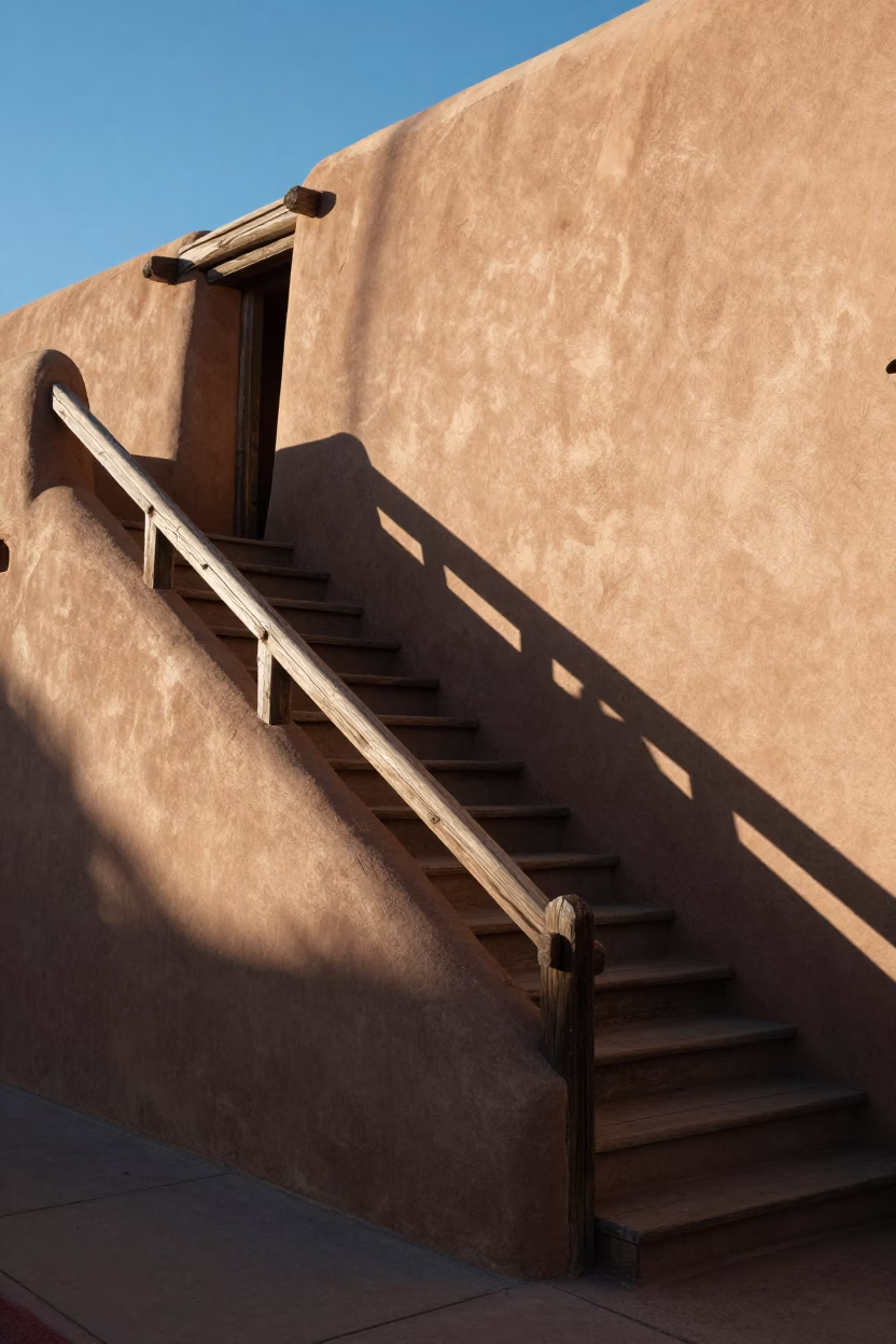 Early Afternoon Santa Fe Street Scene with Stair Rail and Linen Fringe Detail in in Santa Fe, New Mexico, United States