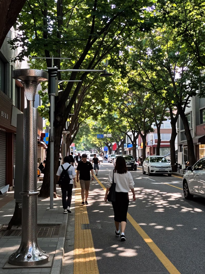 Early Afternoon Seoul Street Scene with Hammered Metal Accents and Urban Life in in Seoul, South Korea