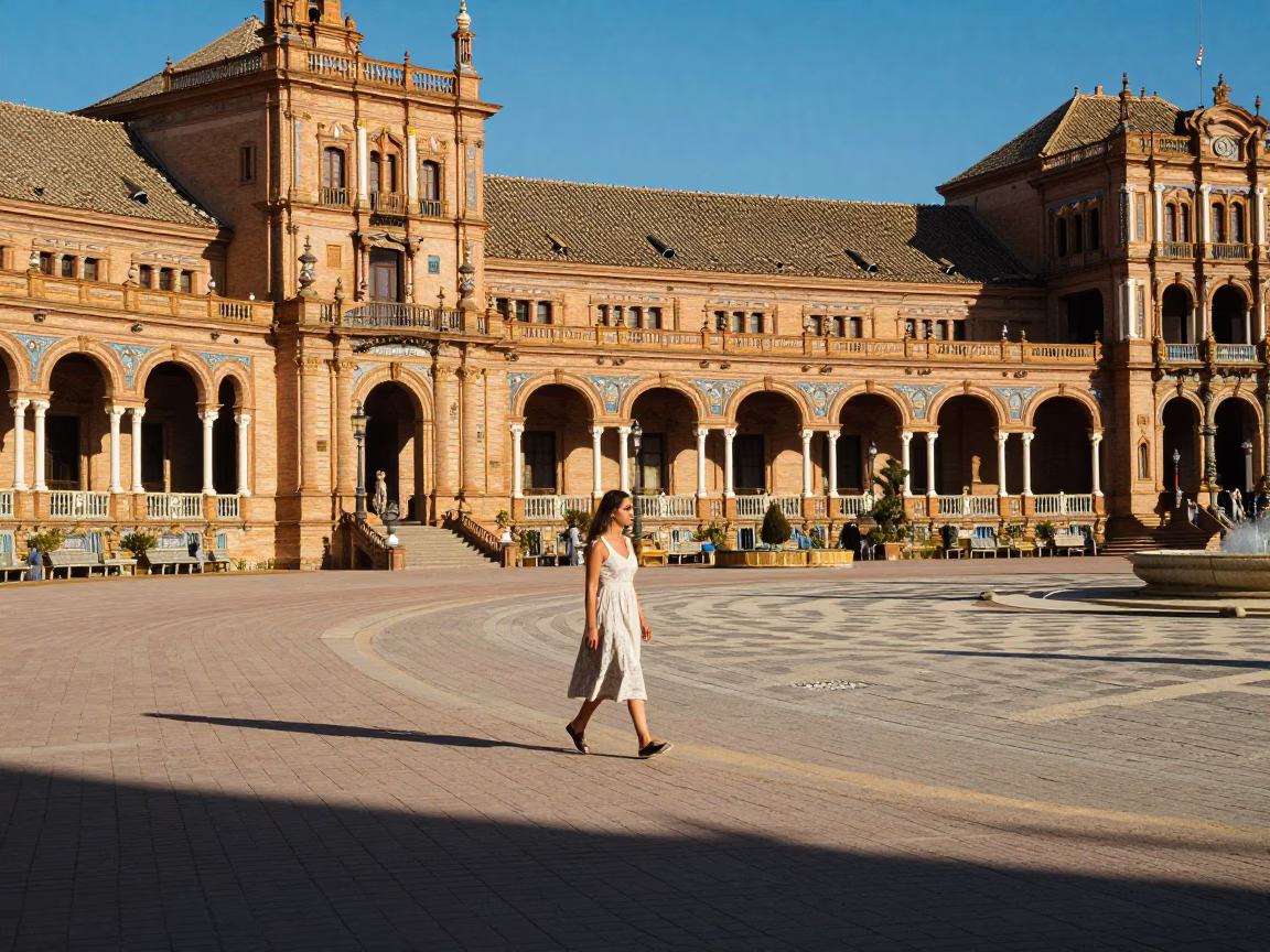 Early Afternoon Seville Plaza Scene with Traditional Architecture and Local Life in in Seville, Spain