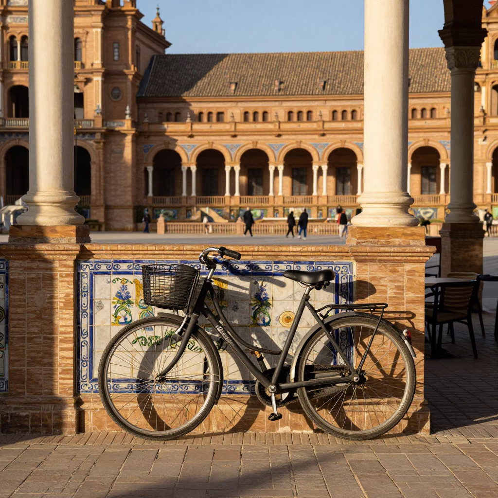 Early Afternoon Seville Plaza with Bicycle and Architectural Details in in Seville, Spain
