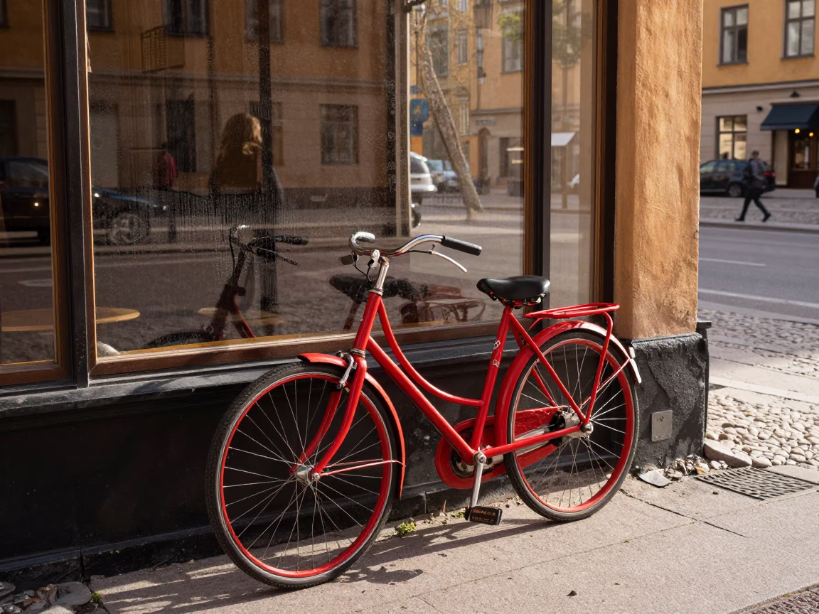 Early Afternoon Stockholm Street Scene with Vintage Red Bicycle and Condensation on Glass in in Stockholm, Sweden