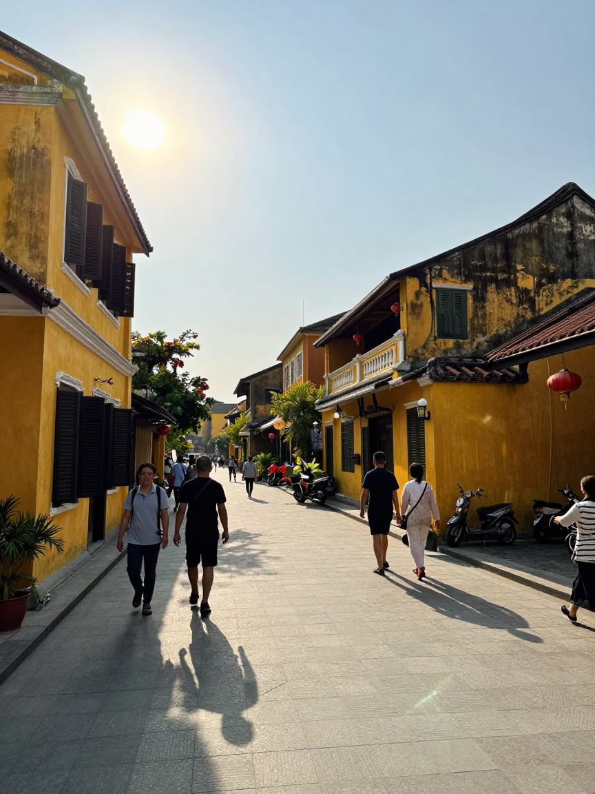 Early Afternoon Street Life in Hoi An Vietnam with Yellow Facades and Bicycle Traffic in in Hoi An, Vietnam