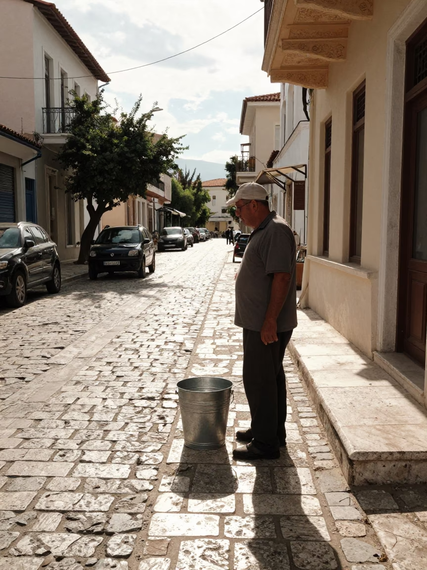 Early Afternoon Street Scene in Athens Greece with Metal Bucket and Thermos in in Athens, Greece