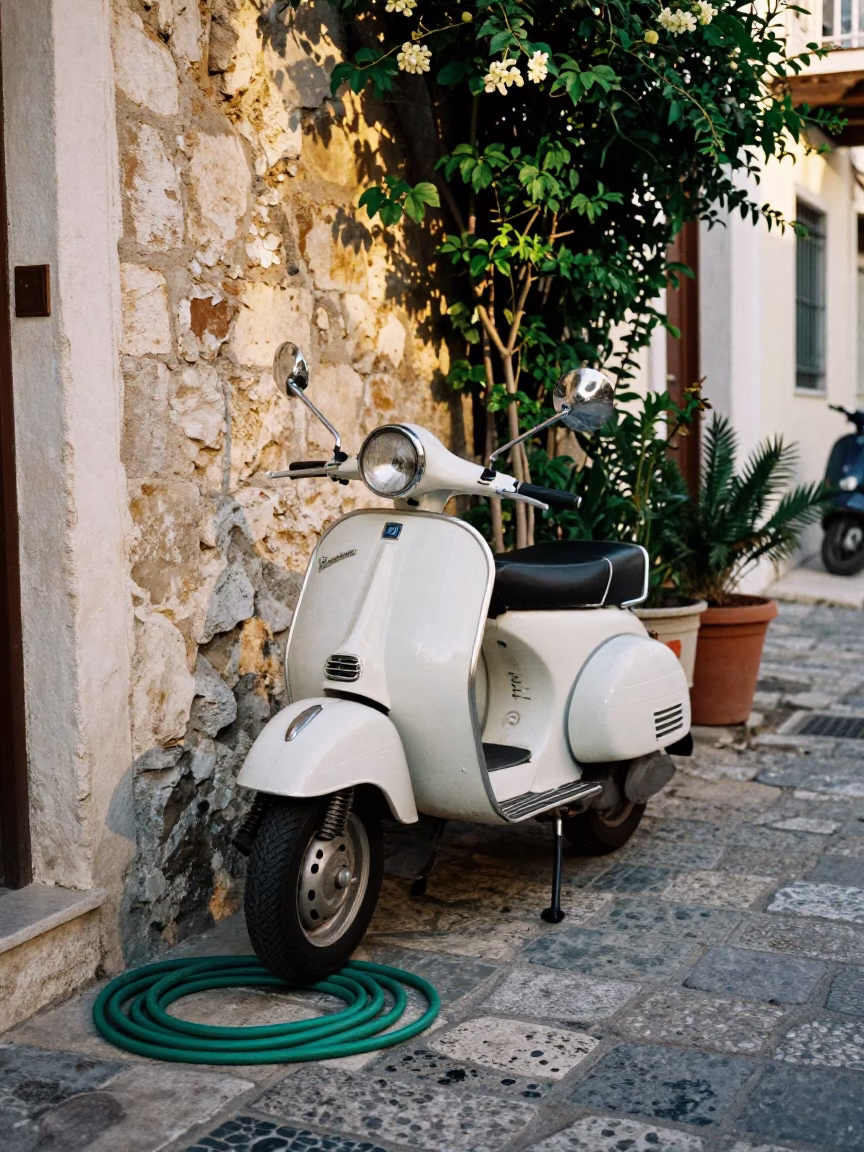 Early Afternoon Street Scene in Athens Greece with Scooter and Garden Hose in in Athens, Greece
