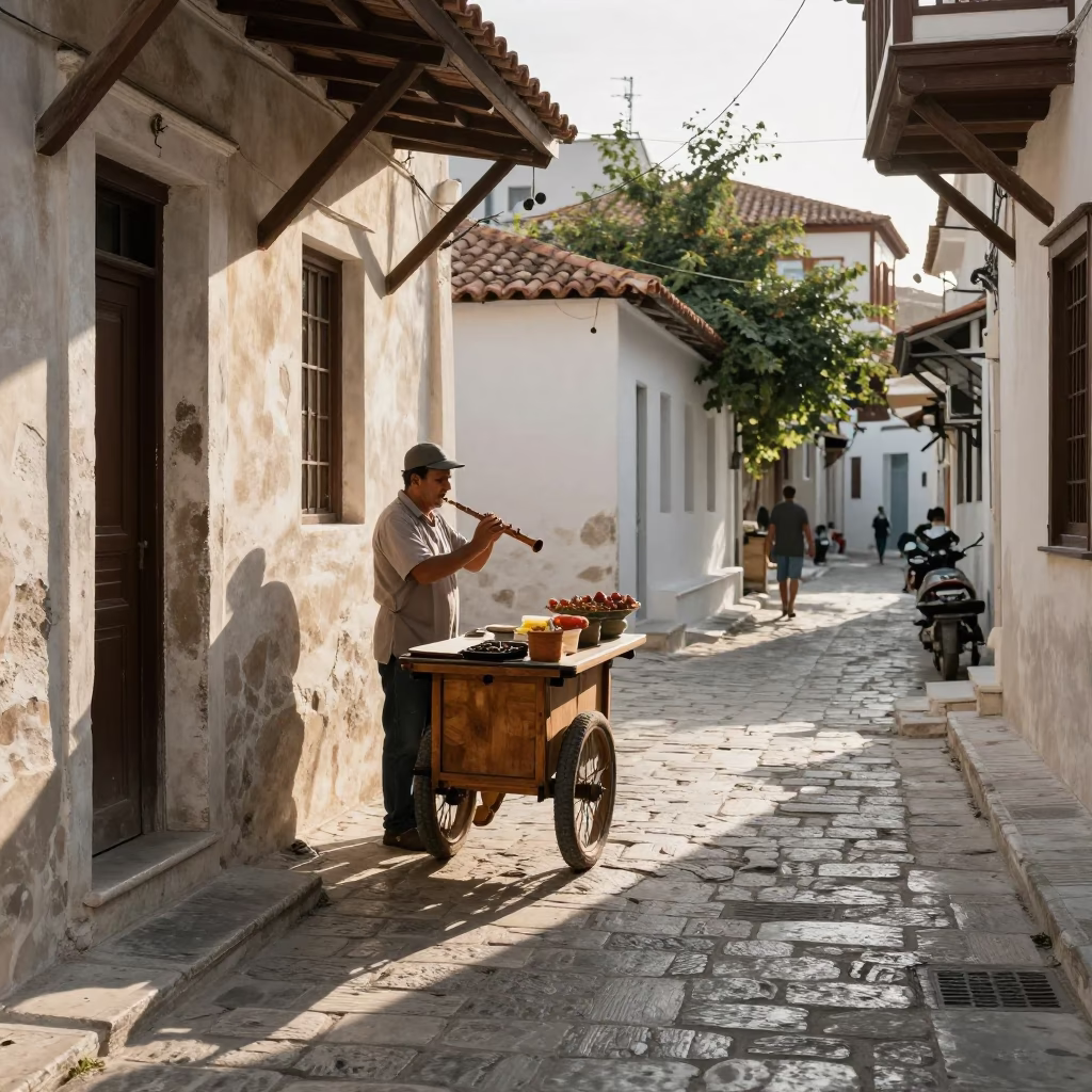 Early Afternoon Street Scene in Athens Greece with Wooden Flute and Lemons in in Athens, Greece