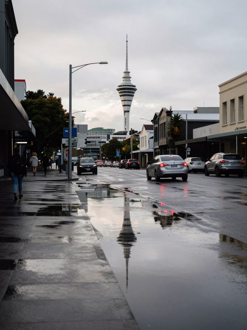 Early Afternoon Street Scene in Auckland New Zealand with Puddle Reflections in in Auckland, New Zealand