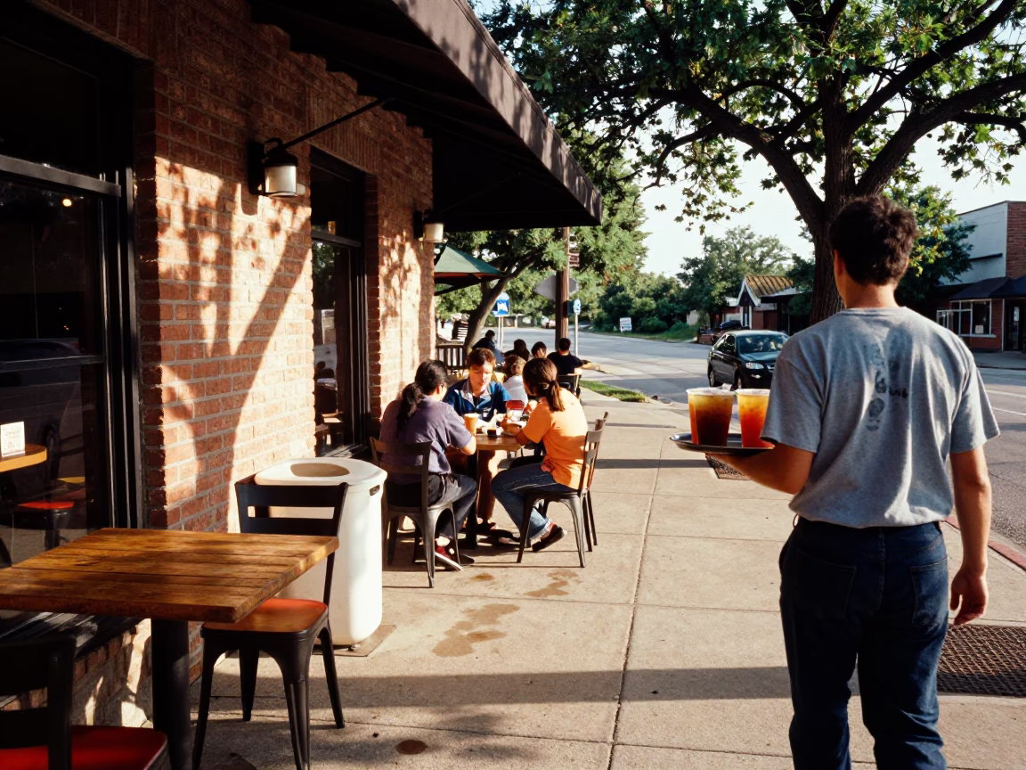 Early Afternoon Street Scene in Austin Texas with Local Cafe Details and Casual Dining in in Austin, Texas, United States