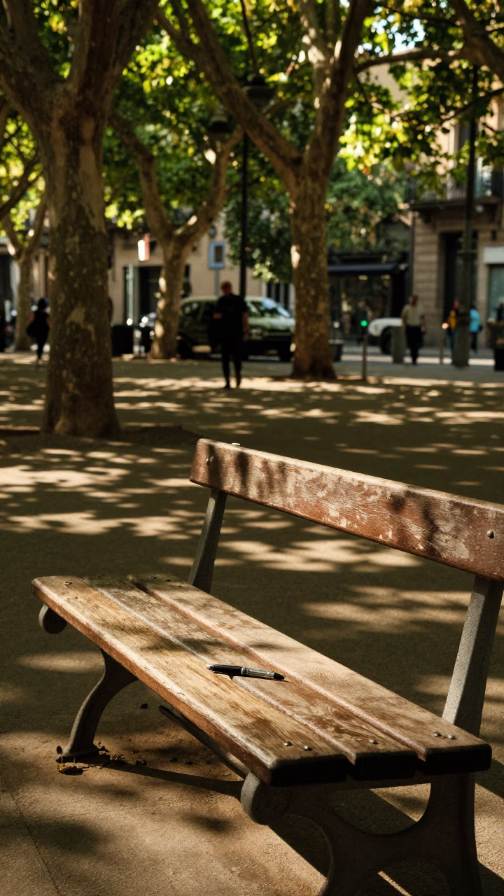 Early Afternoon Street Scene in Barcelona Spain with Leaf Shadows and Park Bench in in Barcelona, Spain