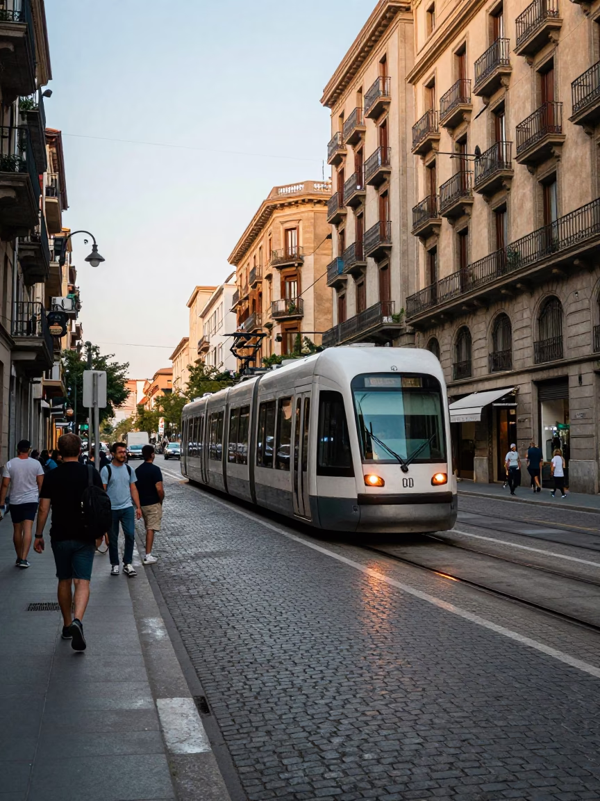 Early Afternoon Street Scene in Barcelona Spain with Monorail and Cobblestones in in Barcelona, Spain