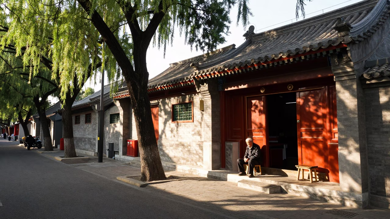 Early Afternoon Street Scene in Beijing China with Traditional Architecture and Daily Life in in Beijing, China
