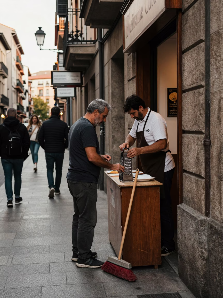 Early Afternoon Street Scene in Bilbao Spain With Broom and Grater in in Bilbao, Spain