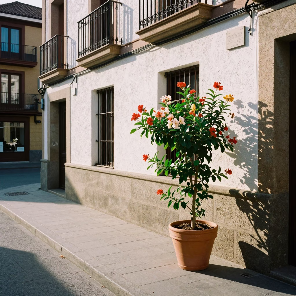 Early Afternoon Street Scene in Bilbao Spain with Flowering Plant and Local Architecture in in Bilbao, Spain