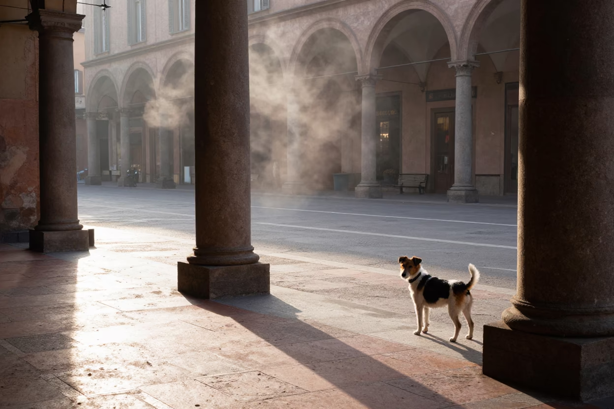 Early Afternoon Street Scene in Bologna Italy with Steam Haze and Jagdterrier in in Bologna, Italy