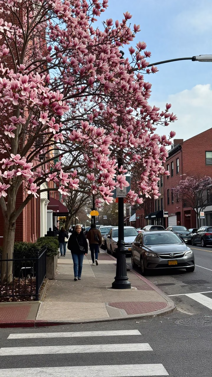 Early Afternoon Street Scene in Boston Massachusetts with Magnolia Bloom and Local Details in in Boston, Massachusetts, United States