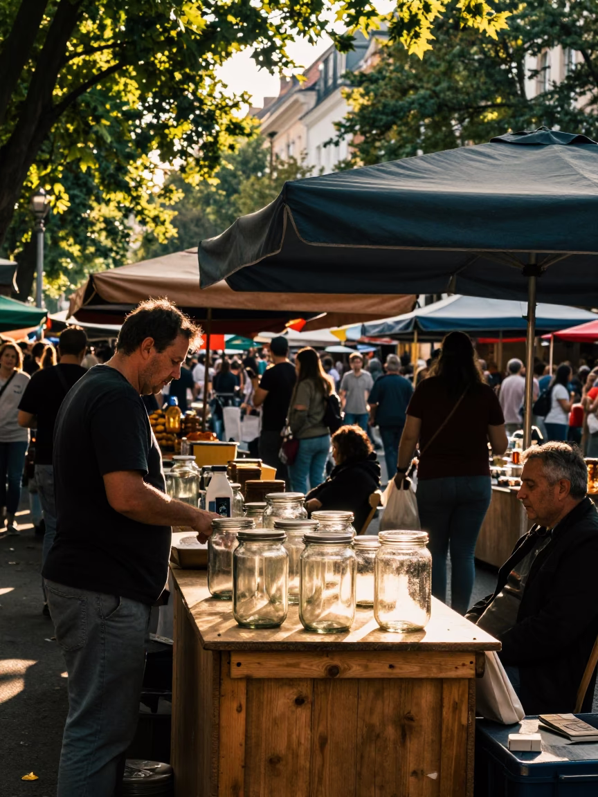 Early Afternoon Street Scene in Budapest Hungary with Local Market Vendors and Glass Containers in in Budapest, Hungary