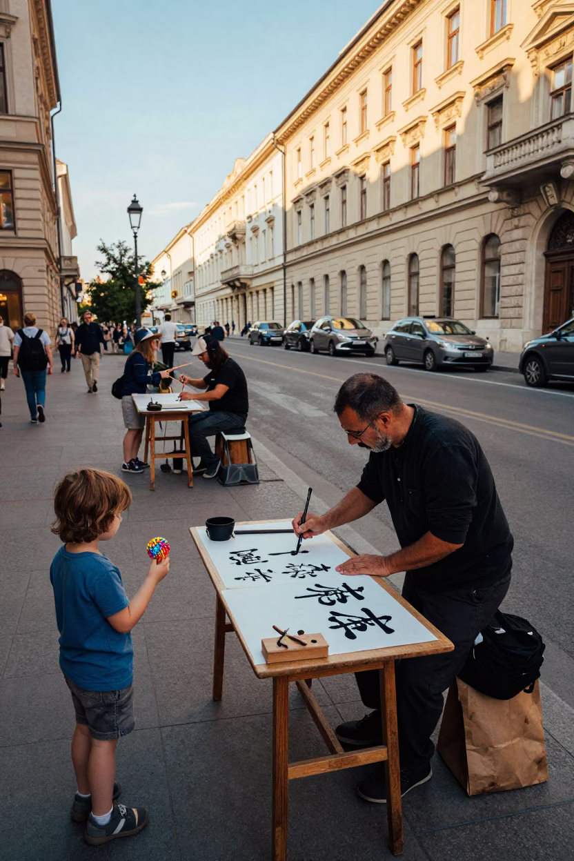 Early Afternoon Street Scene in Budapest Hungary with Traditional Calligraphy Demonstration in in Budapest, Hungary