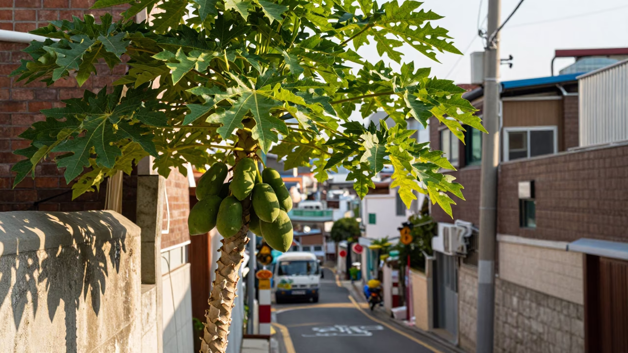Early Afternoon Street Scene in Busan South Korea with Papaya Tree and Local Life in in Busan, South Korea