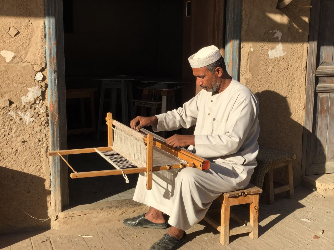 Early Afternoon Street Scene in Cairo Egypt with Traditional Loom Shuttle and Step Stools in in Cairo, Egypt