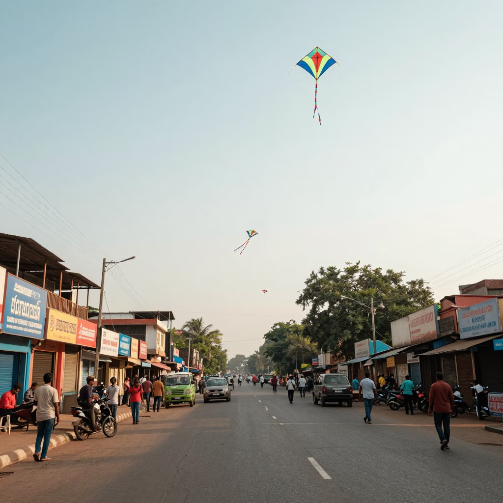 Early Afternoon Street Scene in Chennai India with Kites and Local Canisters in in Chennai, India