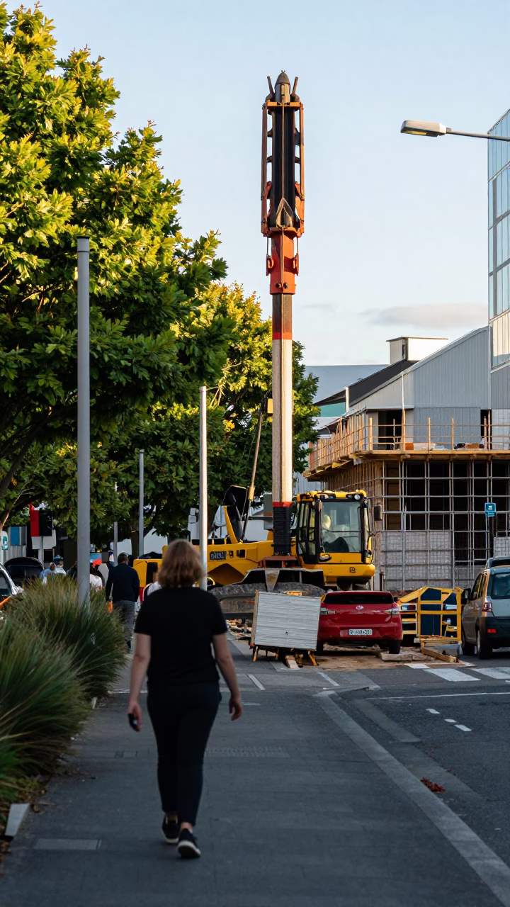 Early Afternoon Street Scene in Christchurch New Zealand with Construction and Greenery in in Christchurch, New Zealand
