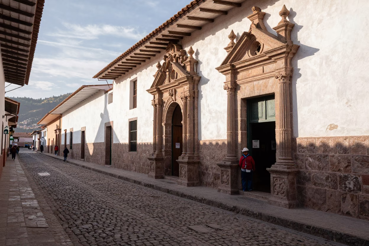 Early Afternoon Street Scene in Cusco Peru with Stone Architecture and Local Life in in Cusco, Peru