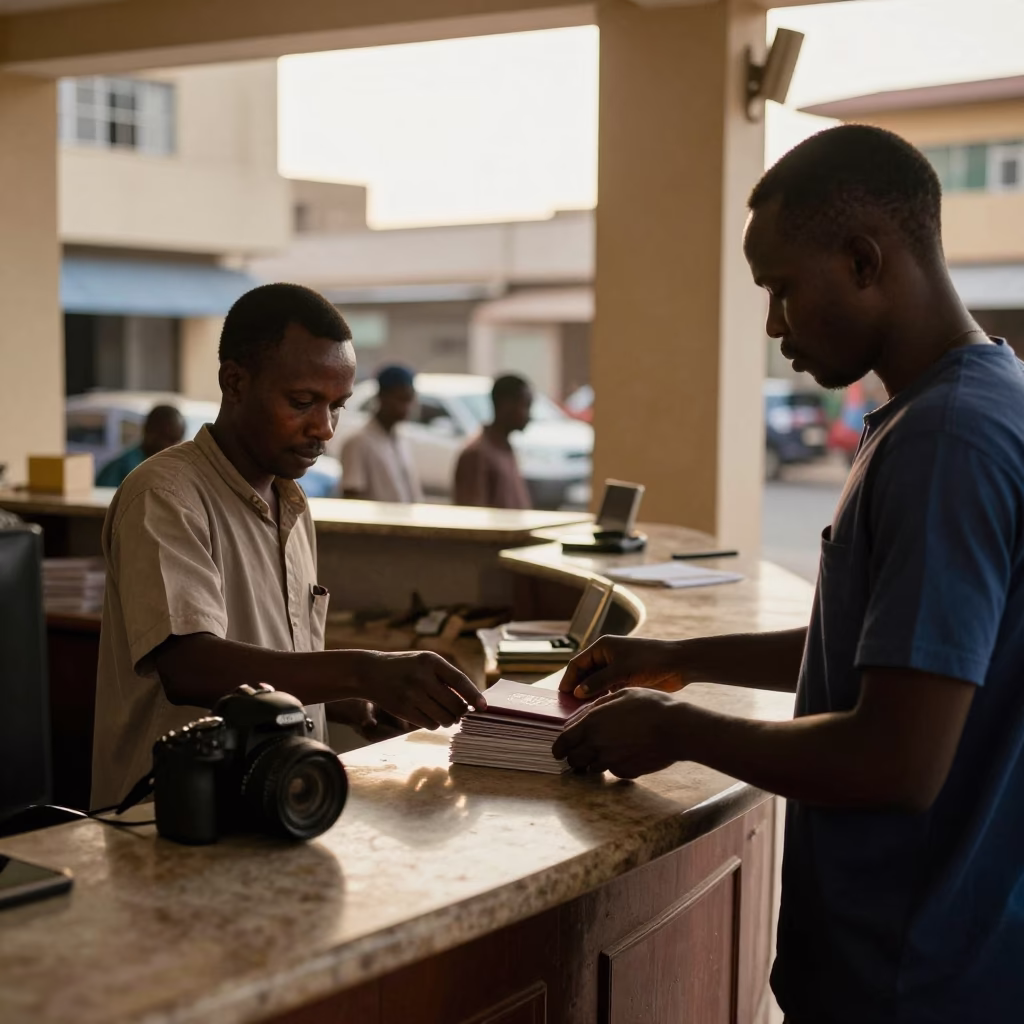 Early Afternoon Street Scene in Dakar Senegal with Reception Desk and Travelers in in Dakar, Senegal