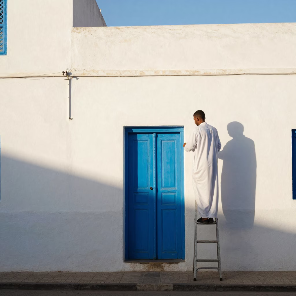 Early Afternoon Street Scene in Essaouira Morocco with White Walls and Blue Doors in in Essaouira, Morocco
