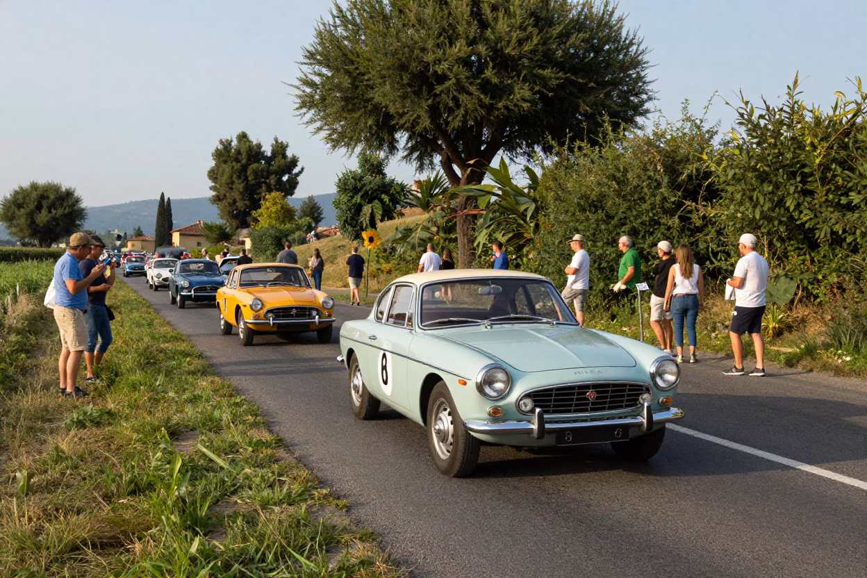 Early Afternoon Street Scene in Florence Italy with Vintage Car Rally and Toadstool Colony in in Florence, Italy