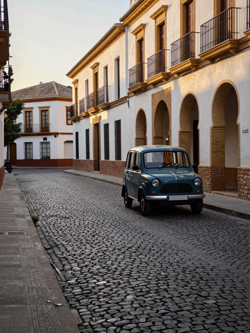 Early Afternoon Street Scene in Granada Spain with Cobblestone Avenue and Heritage Tram in in Granada, Spain